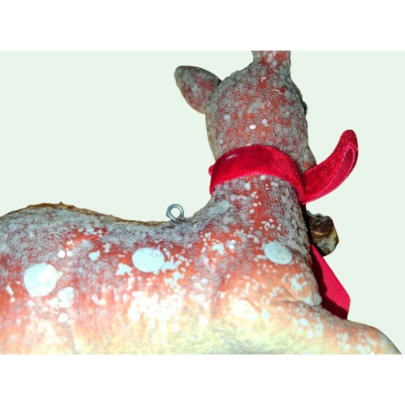 Vintage Flocked Deer Figurines With Red Bows & Bells + Red Bird Clip - Picture 8 of 10